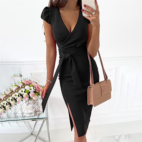 

Women's Work Dress Bodycon Knee Length Dress Blue Black Purple Short Sleeve Pure Color Split Lace up Spring Summer V Neck Work Elegant 2022 S M L XL XXL