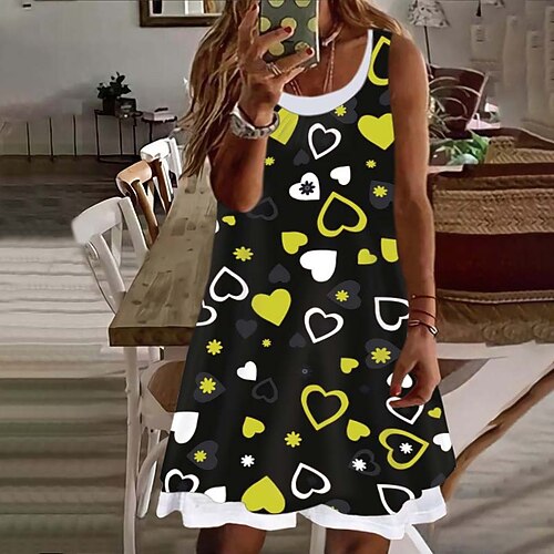 

Women's Plus Size Casual Dress Heart Crew Neck Print Sleeveless Spring Summer Casual Short Mini Dress Daily Vacation Dress