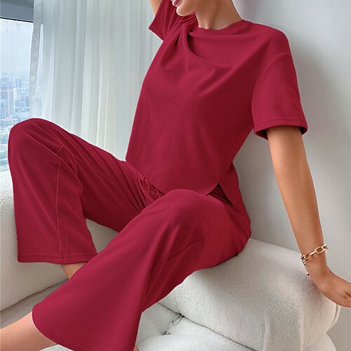 

Women's Loungewear Sets Nighty 2 Pieces Pure Color Simple Comfort Home Daily Polyester Crew Neck Short Sleeve T shirt Tee Pant Spring Summer Green Blue