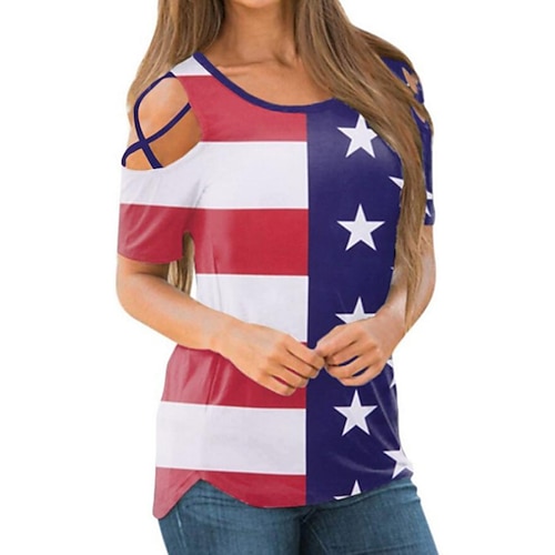 

Mujer Camiseta EEUU Bandera Hogar Casual Diario Camiseta Manga Corta Estampado Escote Redondo Vintage Rojo S