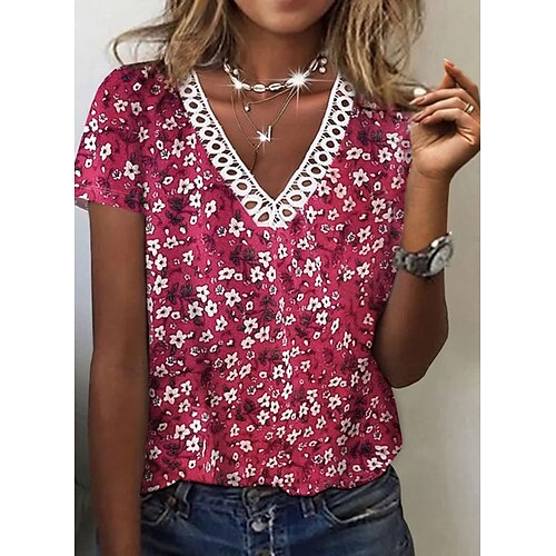 

Women's Floral Theme Painting T shirt Floral Lace Trims Print V Neck Basic Tops Red / 3D Print