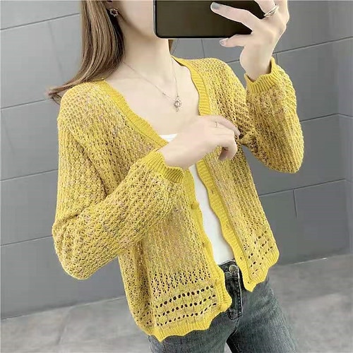 

Women's Cardigan Sweater Jumper Knit Button Knitted Pure Color V Neck Stylish Casual Outdoor Daily Spring Summer Green Blue M L XL / Long Sleeve / Holiday / Regular Fit / Going out