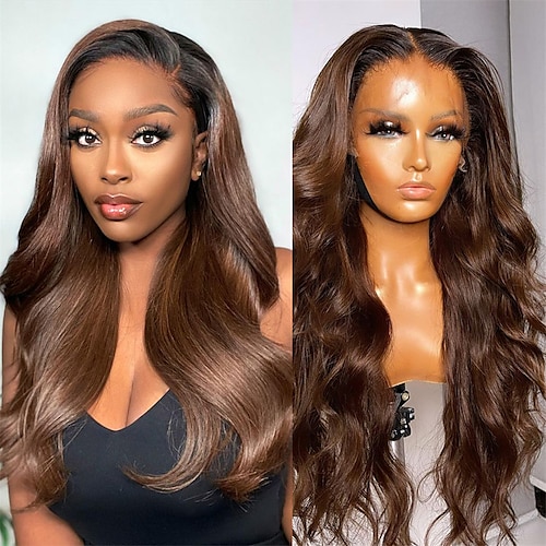

Brown HD Glueless Frontal Body Wave 4x4/13x4 Lace Front Human Hair Wig 180% Density Transparent Brazilian Remy Loose Ombre Chocolate Ginger