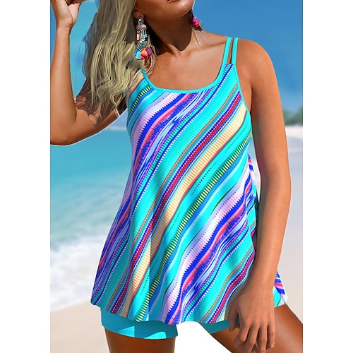 

Women's Swimwear Tankini 2 Piece Plus Size Swimsuit Backless 2 Piece Print Striped Blue Fuchsia Scoop Neck Bathing Suits New Stylish Vacation / Modern / Padded Bras