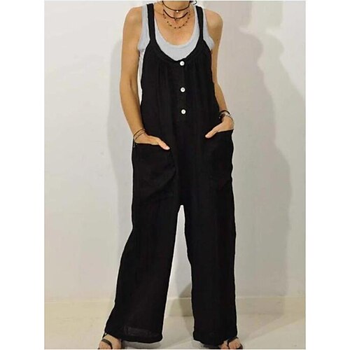 

Women's Pants Trousers Jumpsuit Rompers Faux Linen Khaki Black Mid Waist Fashion Casual Weekend Side Pockets Micro-elastic Full Length Comfort Plain S M L XL XXL / Loose Fit