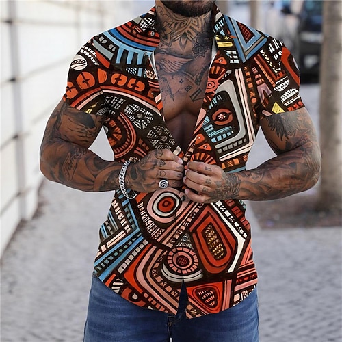 

Men's Shirt Print Color Block Turndown Street Casual Button-Down Print Short Sleeve Tops Designer Casual Fashion Breathable Blue Purple Rainbow / Summer / Spring / Summer