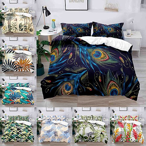 

Botanical Pattern 3-Piece Duvet Cover Set Hotel Bedding Sets Comforter Cover with Soft Lightweight Microfiber, Include 1 Duvet Cover, 2 Pillowcases for Double/Queen/King(1 Pillowcase for Twin/Single)