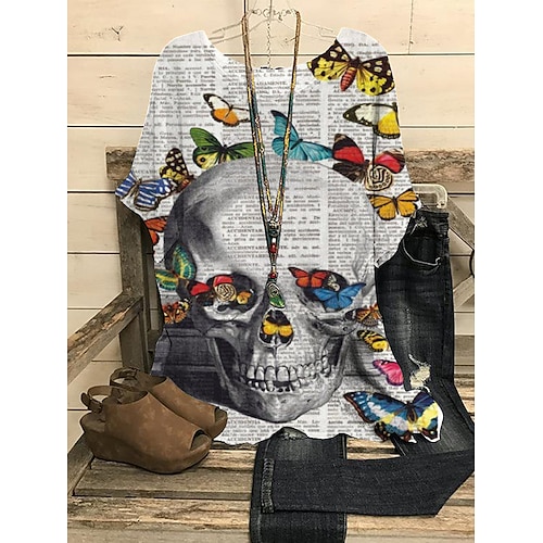 

Women's Casual Weekend Blouse Henley Shirt Shirt Leopard Skull Short Sleeve Print Round Neck Casual Streetwear Tops Green Gray Purple S / 3D Print