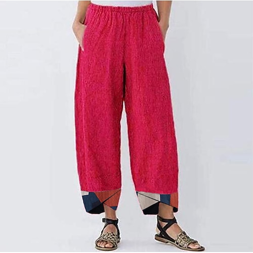 

Women's Chinos Pants Trousers Faux Linen Green Wine Dark Blue Mid Waist Fashion Casual Weekend Side Pockets Print Ankle-Length Comfort Geometry S M L XL XXL / Loose Fit