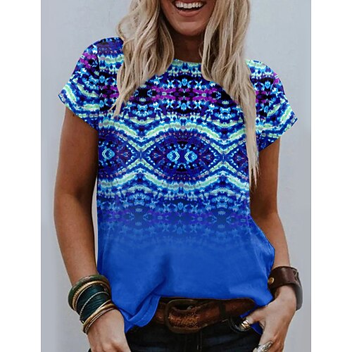 

Women's Painting T shirt Graphic Print Round Neck Basic Tops Green Blue Purple / 3D Print