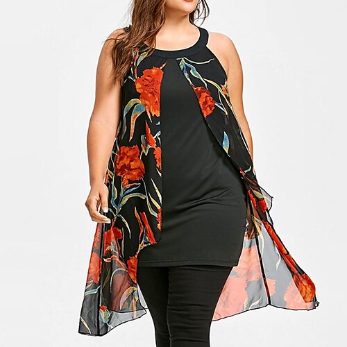 

Women's Plus Size Casual Dress Floral Crew Neck Ruched Sleeveless Spring Summer Casual Short Mini Dress Causal Daily Dress / Mesh / Print