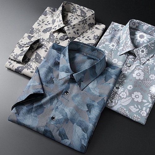 

Men's Shirt Leaves Turndown Street Casual Button-Down Short Sleeve Tops Casual Fashion Breathable Comfortable Black / Gray Black Blue
