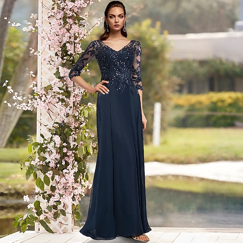 

Sheath / Column Mother of the Bride Dress Elegant Sparkle & Shine V Neck Floor Length Chiffon Lace 3/4 Length Sleeve with Sequin Appliques 2022