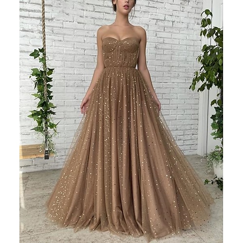 

A-Line Prom Dresses Glittering Dress Wedding Guest Sweep / Brush Train Sleeveless Sweetheart Neckline Tulle with Pleats Sequin 2022