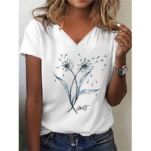 

Women's T shirt Tee White Flower Patchwork Print Short Sleeve Casual Daily Basic V Neck Regular S / 3D Print