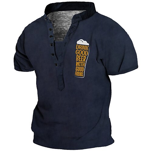 

Men's Henley Shirt Tee T shirt 3D Print Graphic Beer Letter Plus Size Stand Collar Daily Sports Button-Down Print Short Sleeve Tops Basic Casual Designer Big and Tall Navy Blue