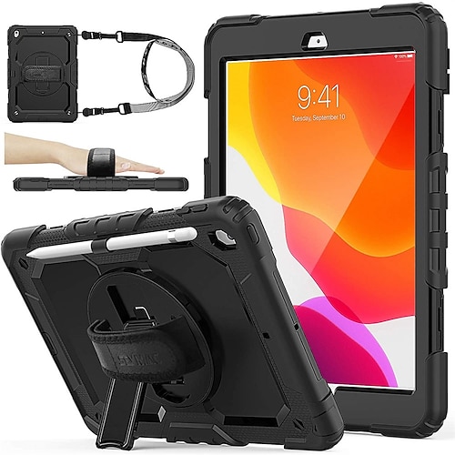 

iPad 9th/ 8th/ 7th Generation Case 10.2 with Screen Protector Pencil Holder 360 Rotating Hand Strap &Stand Drop-Proof Case for iPad 10.2 inch 2021/2020/2019