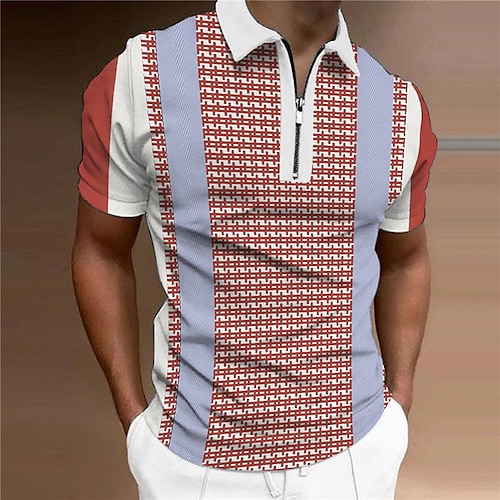 

Men's Collar Polo Shirt Golf Shirt Plaid Turndown Red 3D Print Casual Daily Short Sleeve Zipper Print Clothing Apparel Fashion Designer Casual Breathable / Sports