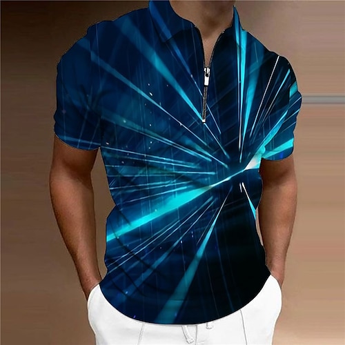 

Men's Collar Polo Shirt Golf Shirt Optical Illusion Turndown Blue 3D Print Casual Daily Short Sleeve Zipper Print Clothing Apparel Fashion Designer Casual Breathable / Sports