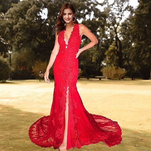 

Mermaid / Trumpet Prom Dresses Luxurious Dress Prom Court Train Sleeveless V Neck Lace with Sequin Slit 2022