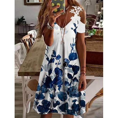 

Damen Casual kleid Grün Blau Kurzarm Blumen Spitze Frühling Sommer V Ausschnitt 2022 S M L XL XXL 3XL