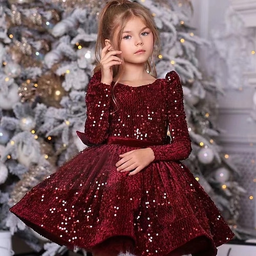 

Kids Girls' Dress Wine Sequins A Line Dress Party Dress Ruched Above Knee Long Sleeve Princess Cute Dresses Spring Summer Fall Winter Regular Fit 3-12 Years