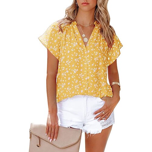 

Mulheres Camisa Social Blusa Preto Branco Amarelo Gráfico Botão Imprimir Manga Curta Diário Final de semana Roupa de rua Casual Decote V Padrão S