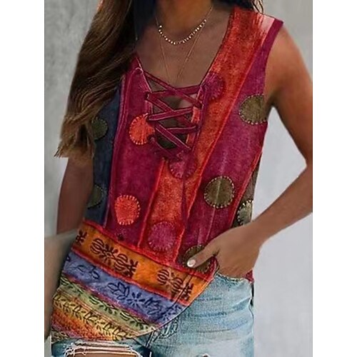 

Women's Daily Weekend Tank Top Camis Graphic Sleeveless Drawstring Print V Neck Ethnic Streetwear Tops Red S / 3D Print