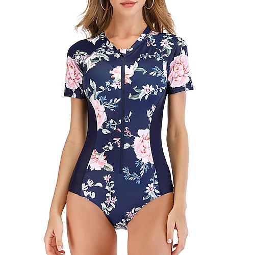 

Women's Rash Guard One Piece Swimsuit UV Sun Protection Breathable Quick Dry Short Sleeve Bodysuit Bathing Suit Front Zip Swimming Surfing Beach Water Sports Floral Summer / Stretchy / Lightweight