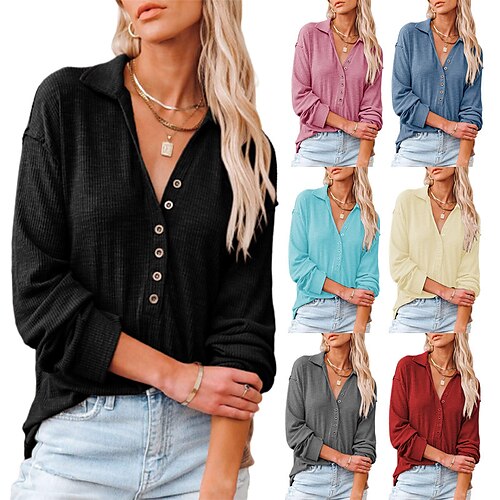 

Women's Blouse Shirt Patchwork Button-Down Solid / Plain Color Basic Classic V Neck Regular Spring & Fall Black Blue Pink Red Apricot