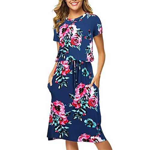 

Women's Midi Dress Blue Purple Pink Short Sleeve Floral Lace up Spring Summer Crew Neck 2022 S M L XL