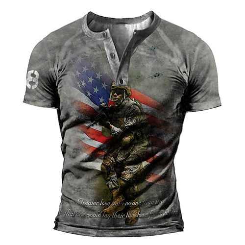 

Men's Henley Shirt T shirt 3D Print Graphic Flag Henley Street Casual Button-Down Print Short Sleeve Tops Basic Fashion Classic Comfortable Gray