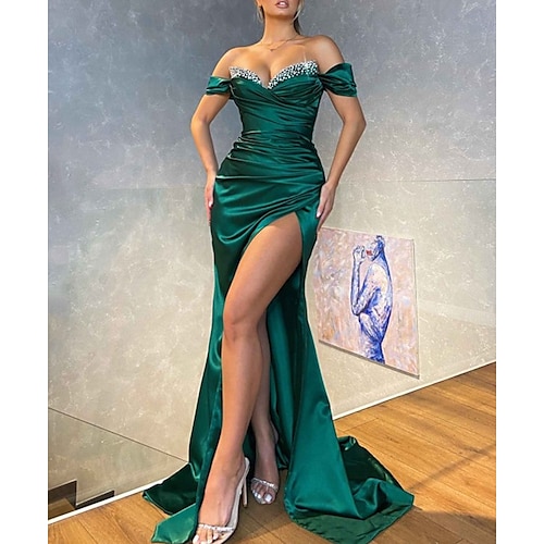 

Mermaid / Trumpet Prom Dresses Emerald Green Dress Prom Sweep / Brush Train Sleeveless Off Shoulder Charmeuse with Sequin Slit 2022 / Formal Evening / Sparkle & Shine