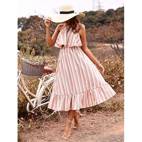 

Women's Trumpet / Mermaid Dress Midi Dress Pink Sleeveless Striped Ruffle Print Summer Halter Neck Vacation Classic 2022 S M L XL