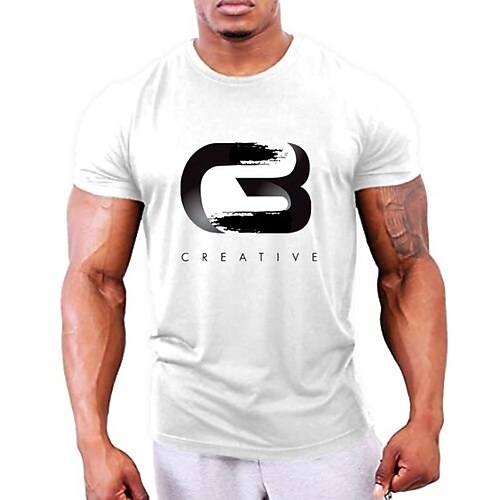 

Men's T shirt Solid Color Letter Crew Neck Casual Daily Short Sleeve Tops Casual White