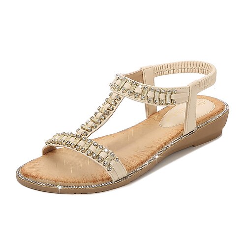 

Women's Sandals Boho Bohemia Beach Sparkly Sandals Rhinestone Flat Heel Round Toe Open Toe Elegant Casual Party Beach PU Leather Elastic Band Spring Summer Solid Colored Black Gray Beige