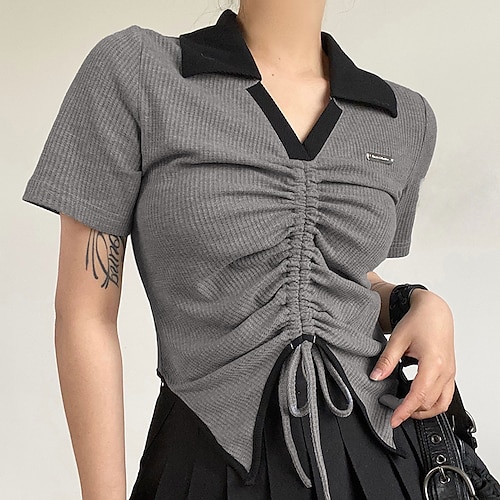 

Women's Casual Weekend T shirt Tee Color Block Short Sleeve Shirt Collar Basic Tops Gray S