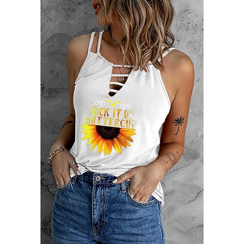 

Women's Casual Weekend Floral Tank Top Camis Sunflower Letter Sleeveless Cut Out Print V Neck Casual Streetwear Tops Green White Black S