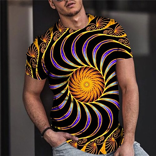 

Men's Unisex T shirt Tee 3D Print Optical Illusion Graphic Prints Spiral Stripe Crew Neck Street Daily Print Short Sleeve Tops Casual Designer Big and Tall Sports Yellow