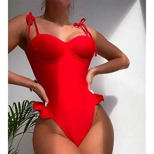 

Mulheres Roupa de Banho Uma pedaço Monoquíni Fatos de banho Normal roupa de banho Sem costas Cintura alta Cor imaculada Vermelho Com Alças Fatos de banho Sensual Férias Moda / Moderno / novo