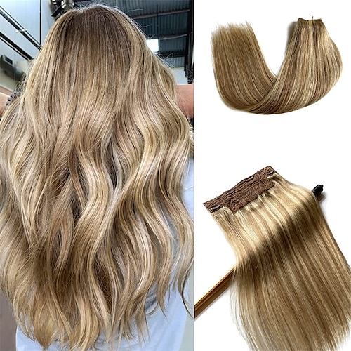 

Human Hair Halo Hair Extensions Light Blonde to Golden Blonde Highlights Remy Crown Hair Extensions 10-26 inch 100g Invisible Wire Fish Line Hair Extensions Straight 100% Human Filp on Hair Extensions