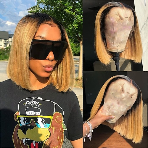 

Honey Blonde Bob Wig #1B/27 Color Straight Short Bob Wig 13x4 Lace Front Human Hair Wigs Brazilian Straight Glueless Lace Wigs Pre Plucked for Black Women