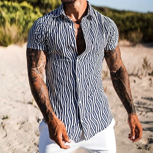 

Men's Shirt Hot Stamping Striped Turndown Street Casual Button-Down Print Short Sleeve Tops Casual Fashion Breathable Comfortable Black