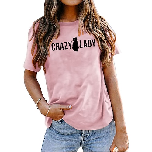 

Women's Daily Going out Weekend Cat T shirt Tee Cat Graphic Letter Short Sleeve Print Round Neck Basic Tops 100% Cotton Green White Pink S