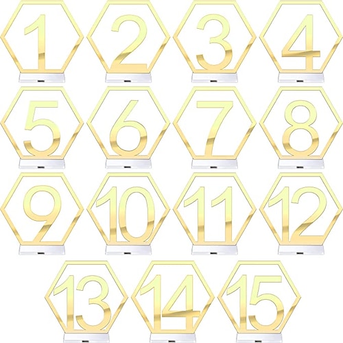 

15 Pieces Table Numbers 1-15 Wedding Acrylic Table Numbers Hexagon Hollow Out Table Number Reception Stands with Holder Base for Wedding Party Event Catering Decoration