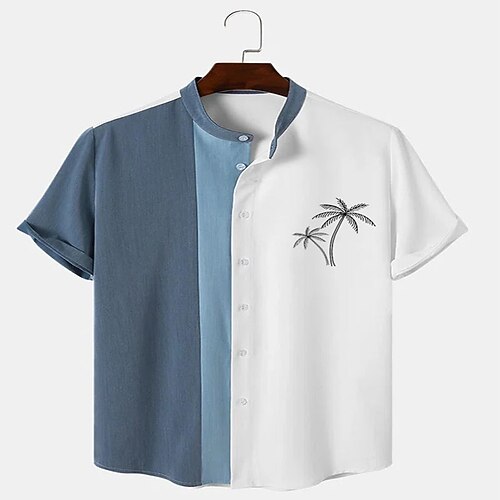 

Men's Shirt Patchwork Stand Collar Street Casual Button-Down Short Sleeve Tops Casual Fashion Breathable Comfortable Blue / White
