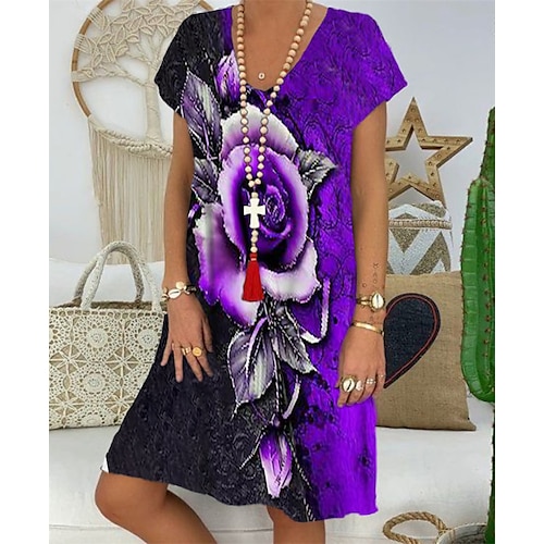 

Mulheres Vestido casual Vestido de turno Verde Roxo Laranja Manga Curta Floral Imprimir Primavera Verão Decote V Ajuste Largo 2022 S M L XL XXL 3XL