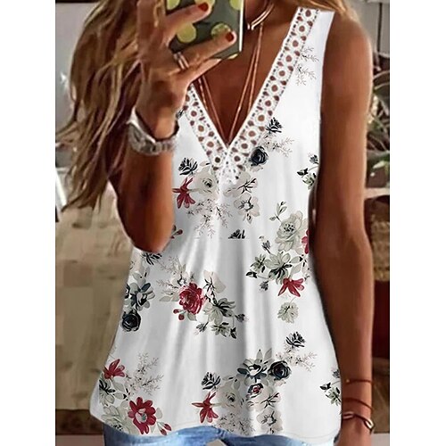 

débardeur pour femme floral coeur blouse dentelle garnitures imprimer sans manches quotidien décontracté col en v régulier blanc s