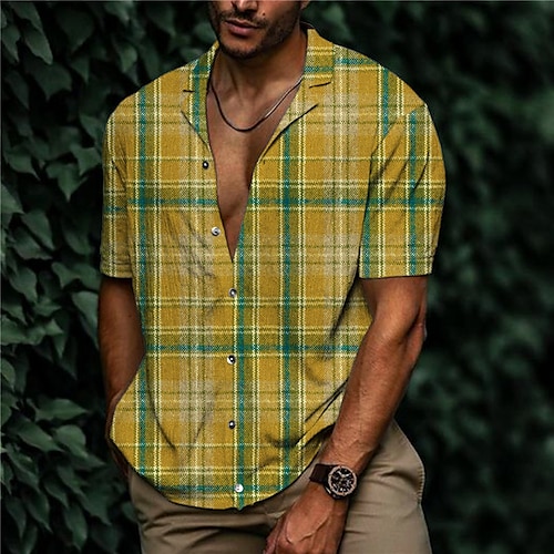 

Hombre Camisa Plaid Cuello Vuelto Amarillo Print Exterior Calle Manga Corta Abotonar Estampado Ropa Moda Design Casual Transpirable / Verano / Primavera / Verano