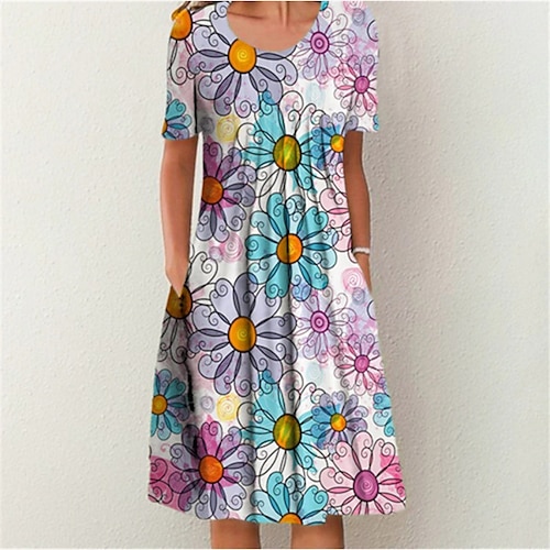 

Robe mi-longue Femme Robe Droite Manche Courte Printemps Eté Poche Imprimer Floral Col Ras du Cou Ample 2022 Bleu S M L XL XXL 3XL